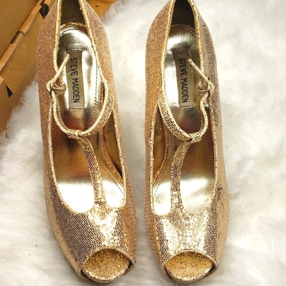 Steve Madden Revaa Gold Glitter Fabric Heels Sparkle bling 10 - Picture 6 of 9